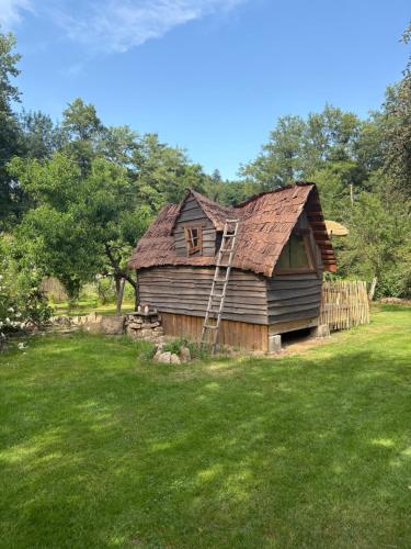 an old house with a ladder in a yard at La cabane de Moïra in Xertigny