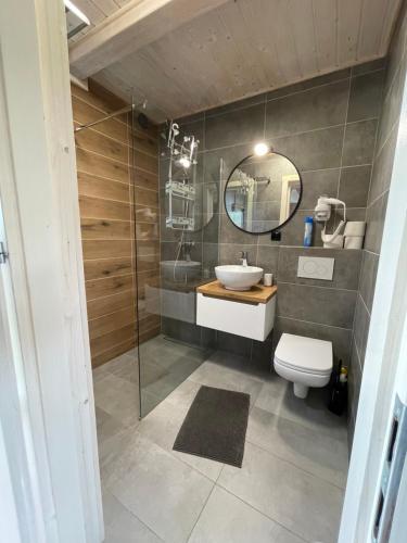 a bathroom with a toilet and a sink and a mirror at Aurora - Domki całoroczne nad morzem w Dziwnówku in Dziwnówek
