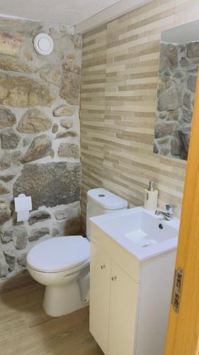 a bathroom with a toilet and a sink and a stone wall at Casa dos Devezas in São Gregório