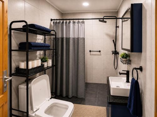 a bathroom with a toilet and a sink at DOLFIJN STUDIOS 4 Spacious 2BR Apartment Fast WiFi AC North Paramaribo in Paramaribo
