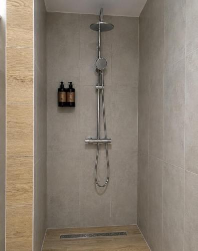 a shower with a shower head in a bathroom at Este Luxury Apartments in Kriopigi