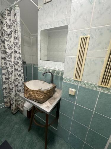 a bathroom with a sink and a mirror at ЭКО готель ,,Челентано ,, in Slavuta