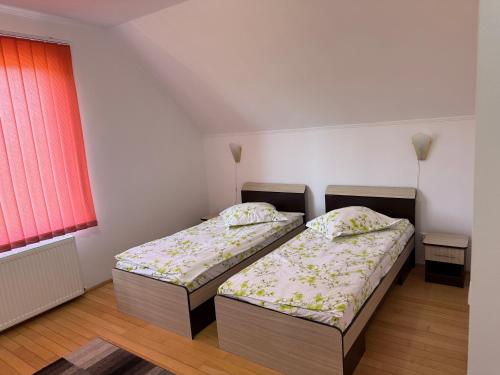 two beds in a small room with red windows at Vila Gemenii in Sovata