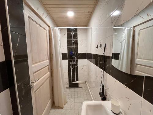 a bathroom with a shower and a sink at Juurikkalahti Adventure Center in Kajaani