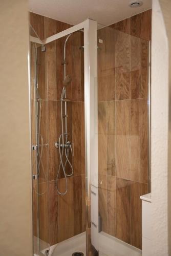 a shower with a glass door in a bathroom at Dahlia suite & spa in Nîmes