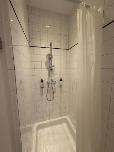 ein Badezimmer mit Badewanne und Dusche mit Duschvorhang in der Unterkunft Kolbeck Rooms in Wien