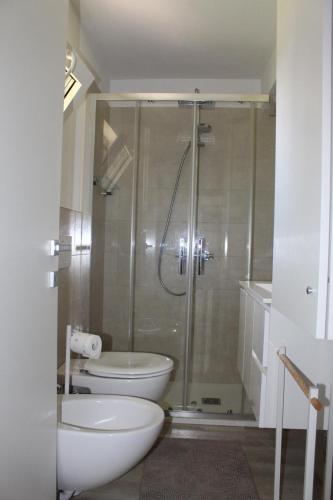 a bathroom with a shower with a toilet and a sink at TAVANIs HOUSE in Delebio