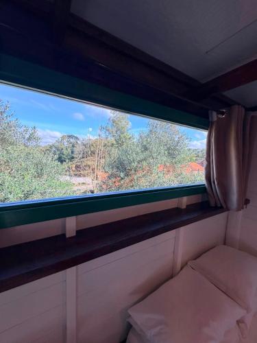 a window on a train with a view of trees at Linha Nova Glamping in Gramado