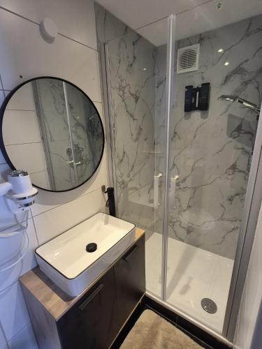 a bathroom with a shower and a sink and a mirror at Cozy & Elegant Central Apartments in Hannover