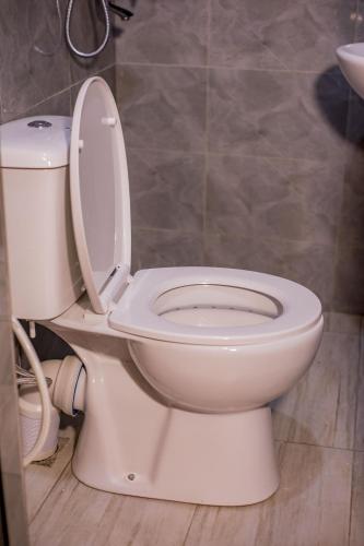 a white toilet with the lid up in a bathroom at Olivia Green Lodge in Arusha