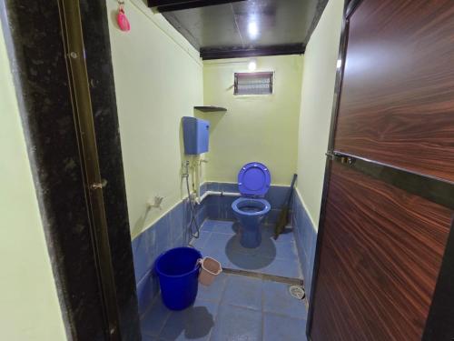 a bathroom with a toilet with a blue seat at Pilankar Guest House in Ratnagiri