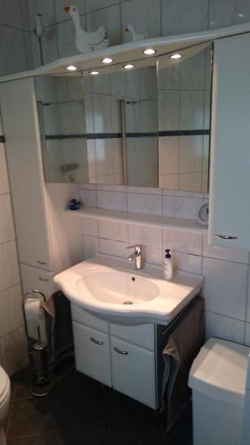 ein Badezimmer mit Waschbecken, Spiegel und Toilette in der Unterkunft Ferienwohnung Berger in Greven