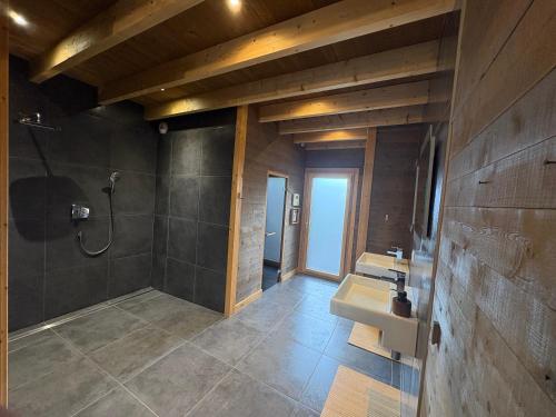 a bathroom with a shower and a sink at Chalet du paradis in La Bresse