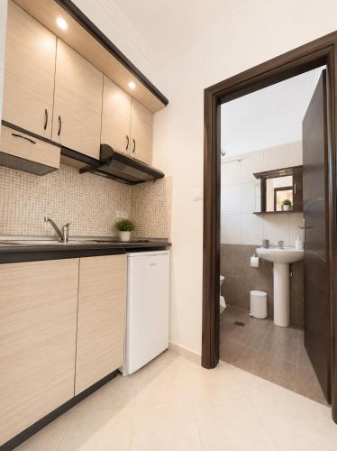 a kitchen with a sink and a toilet in a room at Studios Galini Porto Koufo in Porto Koufo