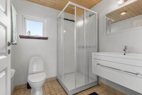 a bathroom with a shower and a toilet and a sink at 8843-Glesborg-Lyngtoften-34 in Glesborg