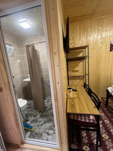 a bathroom with a sink and a toilet in a room at Wooden house in Kutaisi