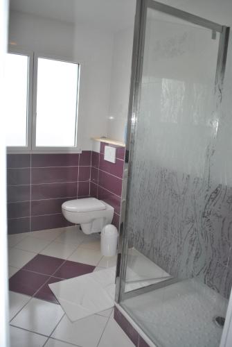 a bathroom with a toilet and a glass shower at La Marina in Chassieu