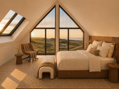 a bedroom with a large bed and a large window at De Duyn in Midsland