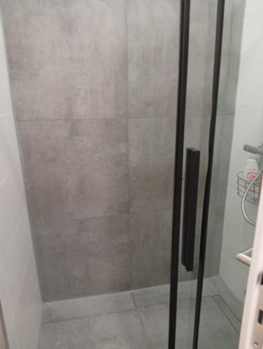 a shower with a glass door in a bathroom at FeWoZentrum in Lüdenscheid
