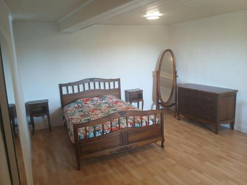 a bedroom with a bed and a dresser and a mirror at Gite Atchoum in Hostun