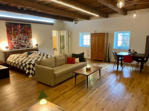 a living room with a couch and a table at Phreude Loft in Aschach an der Donau