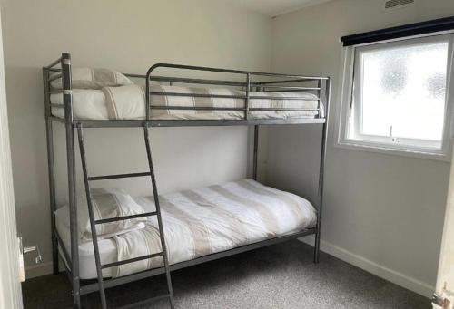 two bunk beds in a room with a window at Cosy Cabin in Bucks Mills