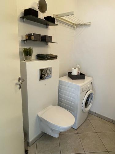 ein Badezimmer mit Toilette und Waschmaschine in der Unterkunft Bogense strand in Bogense