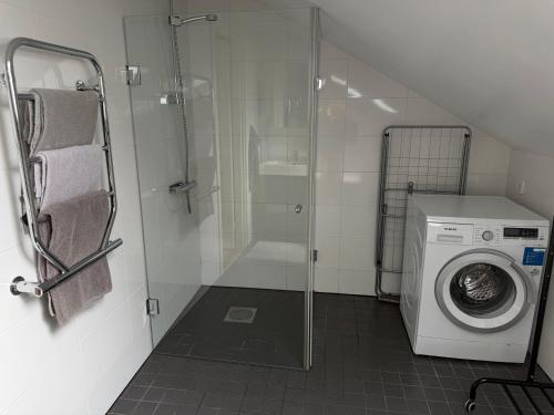 a bathroom with a washing machine and a shower at Studio i Nykvarn in Nykvarn