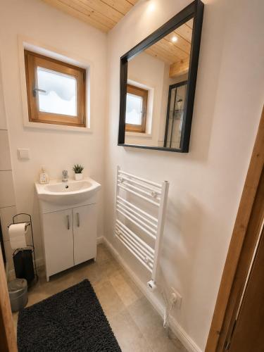 a bathroom with a sink and a mirror at NicePlace4You Familien-Ferienhäuser an der polnischen Ostsee mit Pool in Dobiesławiec