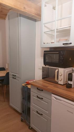 a kitchen with a counter top with a microwave at Casa dos Malmequeres - Alegrete in Portalegre
