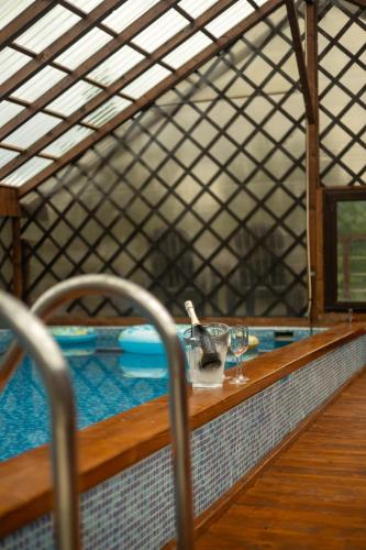a swimming pool with a table and glasses of wine at Bizon Cabin in Albeștii de Muscel