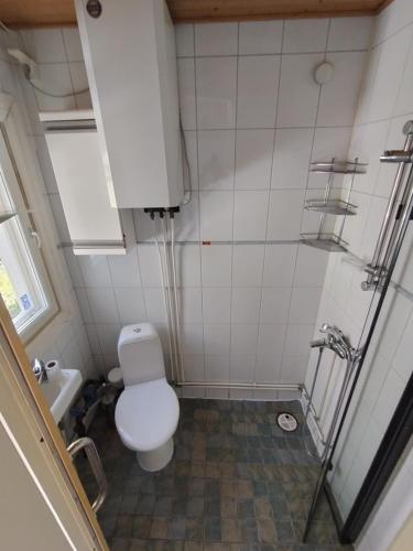 a small bathroom with a toilet and a shower at Villa Tapiola in Lohja