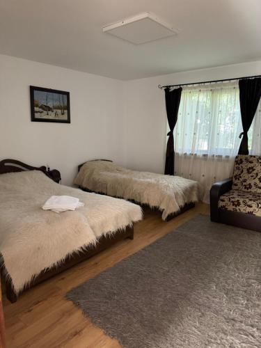 a bedroom with two beds and a chair at Casa Mario in Dragoslavele