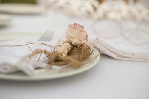 a plate of food on a table with a dessert at Meteora Hotel at Kastraki in Kalabaka
