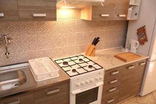 a small kitchen with a stove and a counter top at Domcek Miriam in Hrabušice