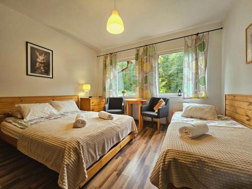 a bedroom with two beds and a chair and a window at Zającówka in Polanica-Zdrój