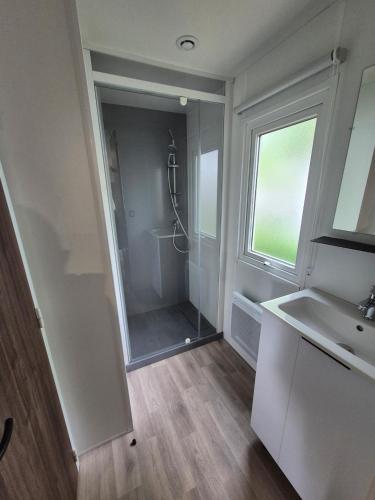 a bathroom with a shower and a sink and a mirror at Mobil home Salsa in Litteau