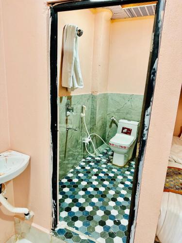 a bathroom with a shower with a toilet and a sink at Hotel Avigatkabir sanwer in Sānwer