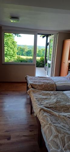 two beds in a room with a large window at Siedlisko na Skarpie in Garcz