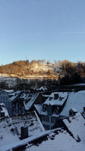 una vista aérea de una ciudad cubierta de nieve en Der kleine Globetrotter, en Monschau