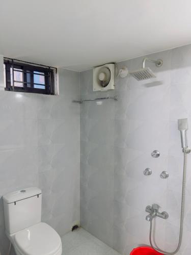 a white bathroom with a toilet and a shower at Kakon Madbor in Sekerkalsi