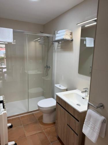 ein Badezimmer mit Dusche, Toilette und Waschbecken in der Unterkunft Hotel Playa de Merón in San Vicente de la Barquera