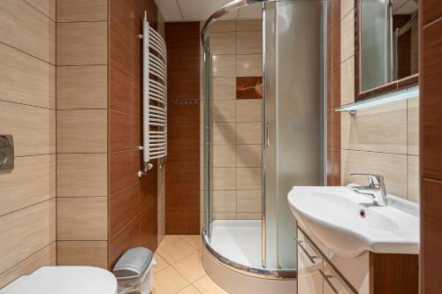 a bathroom with a shower and a sink and a toilet at Willa Rohacze in Kościelisko