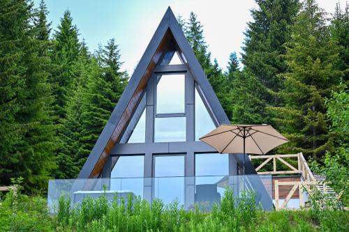 a triangle shaped house with a window and an umbrella at Tara mountain house Kopaonik in Kopaonik