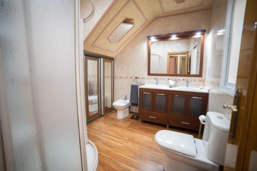 a bathroom with a toilet and a sink and a mirror at Casa Alcazaba in Guadix