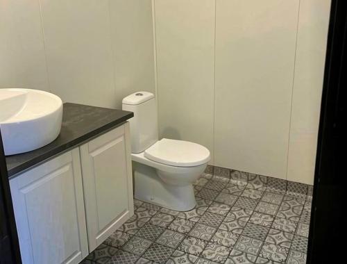 a bathroom with a white toilet and a sink at Ediths hus in Pärup