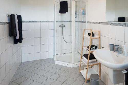 a bathroom with a shower and a sink and a toilet at Ferienwohnung Hansen in Welschbillig