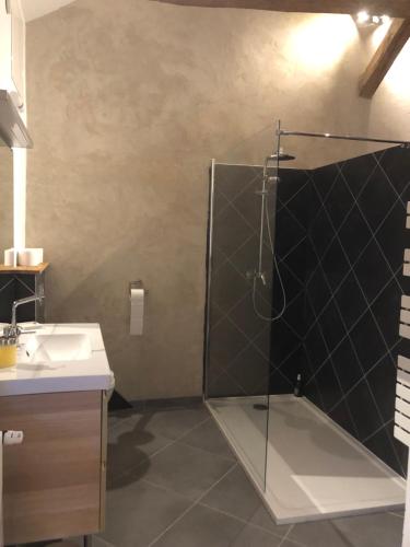 a bathroom with a shower with a glass door at La Maison Forte in Courtenay