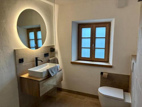 a bathroom with a sink and a mirror at Stallrefugium - between lakes, mountains and silence in Seeon-Seebruck