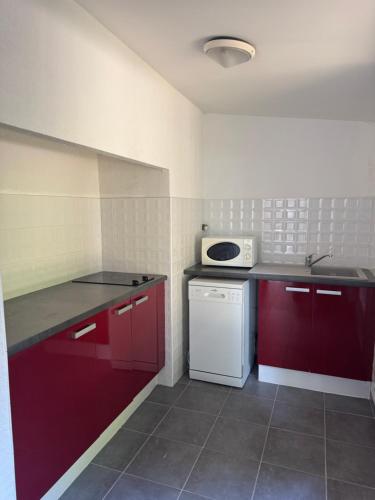 a kitchen with red cabinets and a white microwave at Le Souffle des Cévennes in Saint-Étienne-Vallée-Française